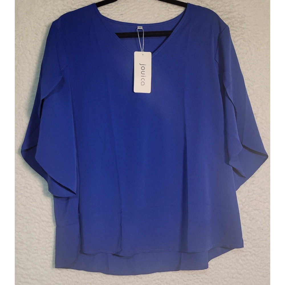 Jouica Women's Career Blouse NEW NWT Size XL Blue Short Sleeve V-Neck Top 1925